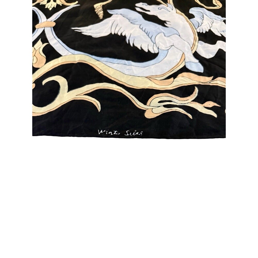 Winter Silks Pegasus & Dragon Print Scarf Black Square Scarf Mythical Motif - Picture 4 of 4